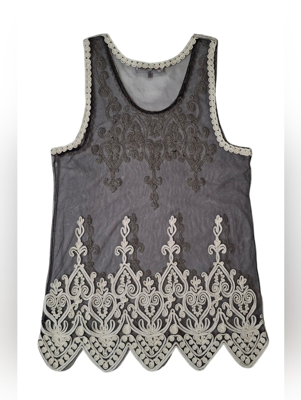 Pretty Angel Sheer Embroidered Mesh Tank Top XL Boho Lace Overlay Scalloped Hem - Picture 5 of 6